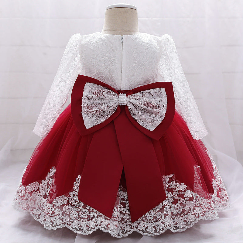 Baby Girl Bow Patched Design Long Sleeves Full Moon Christening Mesh Formal Dress