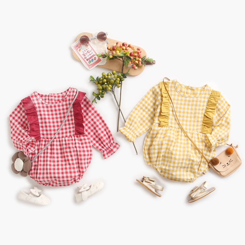 Baby Girl 1pcs Plaid Pattern Ruffle Design Puff Sleeve Bodysuit