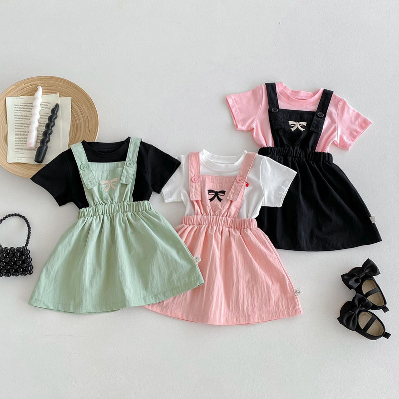 New Arrival Summer Baby Kids Girls Bow Embroidery Pattern Simple Overalls Design Dress And T-Shirt – Sister Matching Set