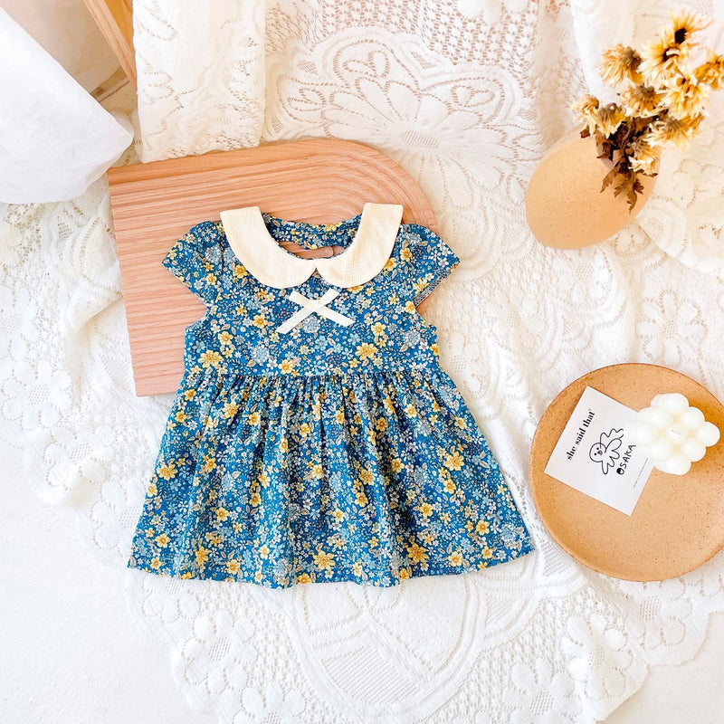 Baby Girls Floral Print Backless Design Doll-Neck Dress With Bow Decoration