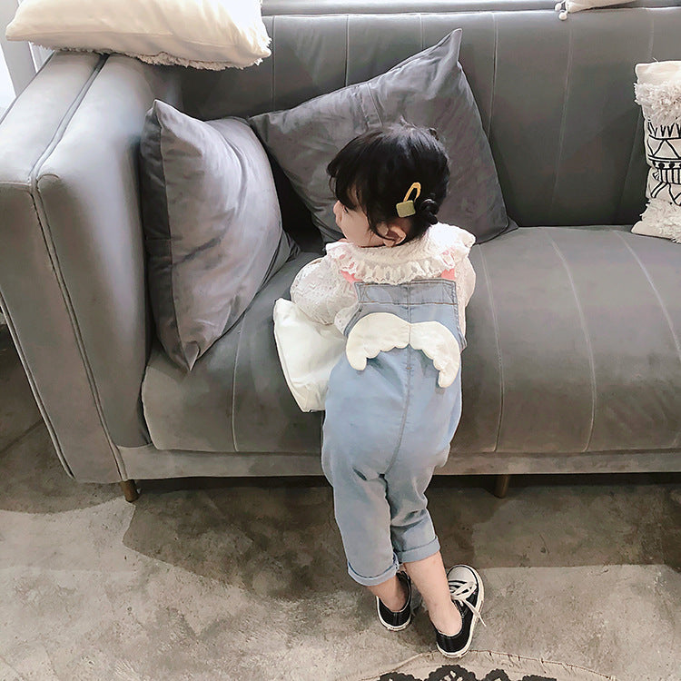 Baby Girl 3D Wing Patches Design Casual Denim Long Style Overall