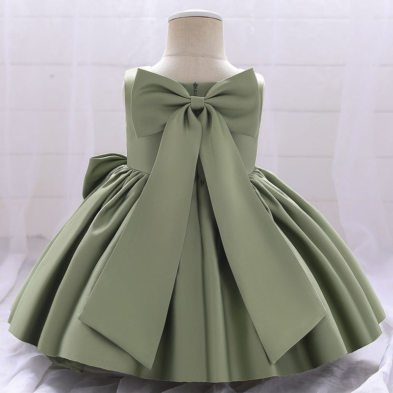 Baby Girl Solid Color Bow Patched Design Sleeveless Western Style Satin Dress