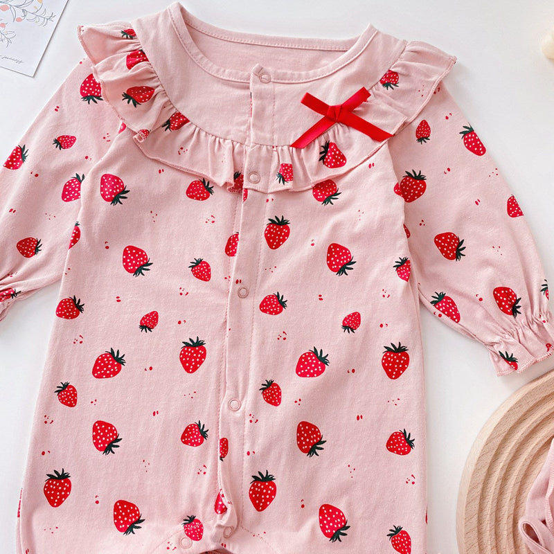 Baby Girl Allover Strawberries Pattern Ruffle Design Button Front Romper