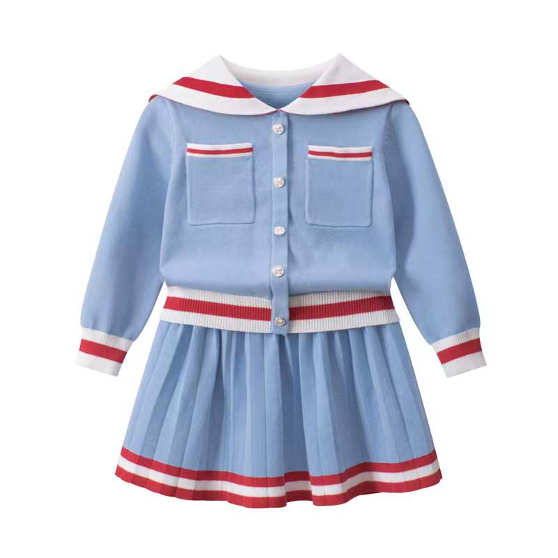 Girls Navy Collar Top Combo Skirt Knitwear Sets