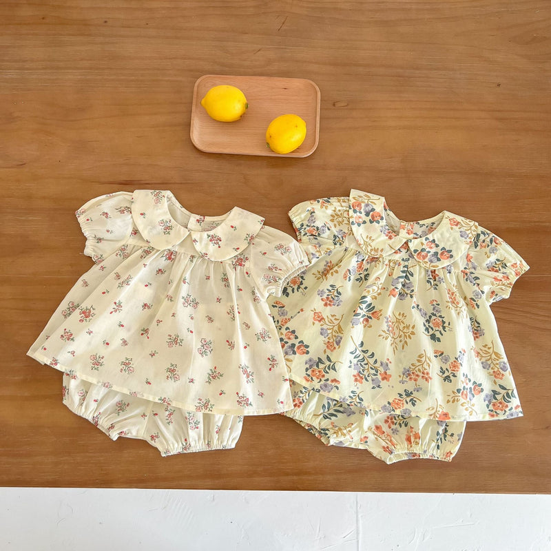 Baby Girl Floral Print Doll Collar Design Tops Combo Shorts Sets In Summer