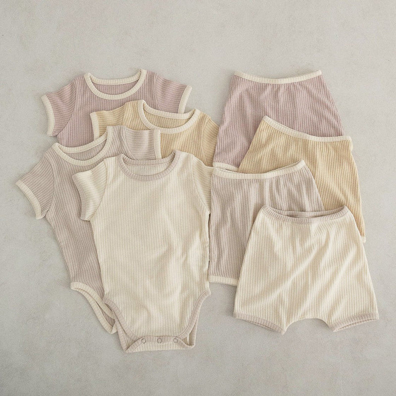 Baby Unisex Solid Color Comfy Cotton Onesies & Shorts Sets With Headband