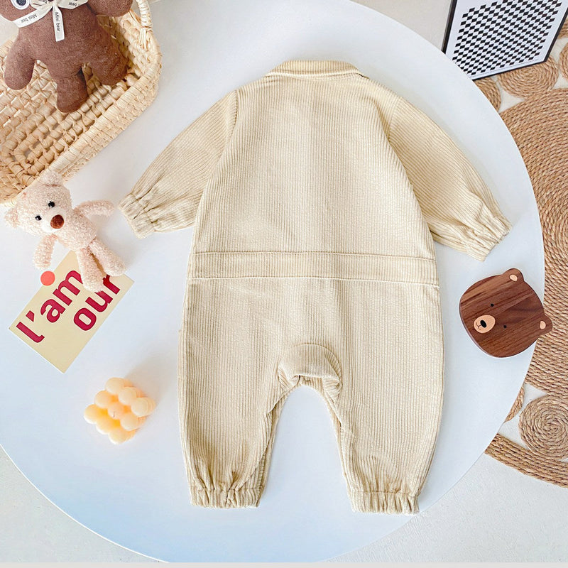 Baby 3D Cartoon Bear Patched Design Corduroy Fabric Button Front Romper