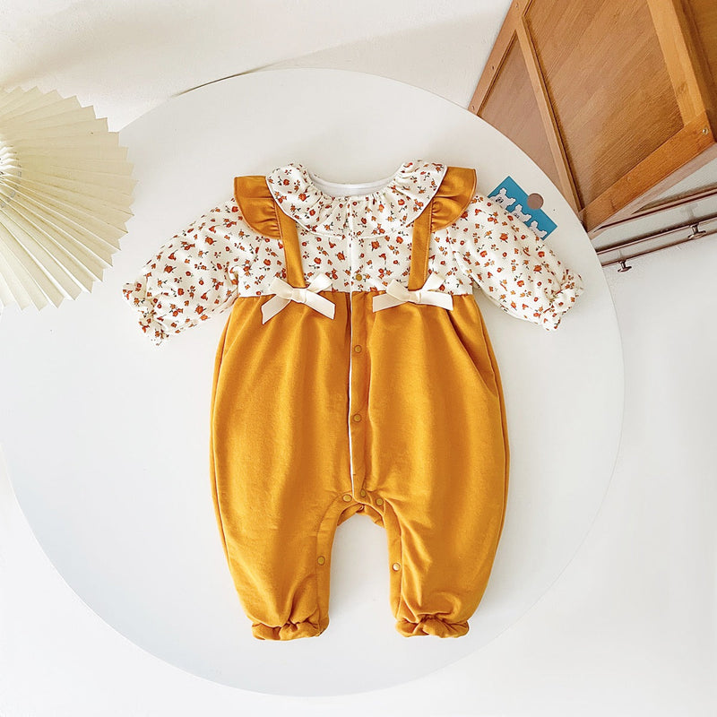 Baby Girl Ditsy Flower Pattern False 2 Pieces Design Thickened Thermal Jumpsuit