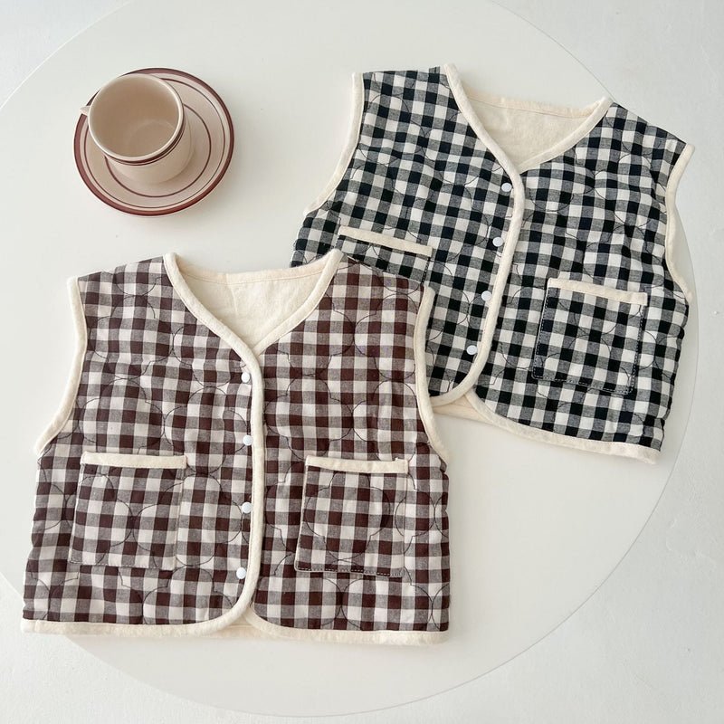 Baby Colorblock Plaid Pattern Sleeveless Thickened Quilted Vest Coat Outfit