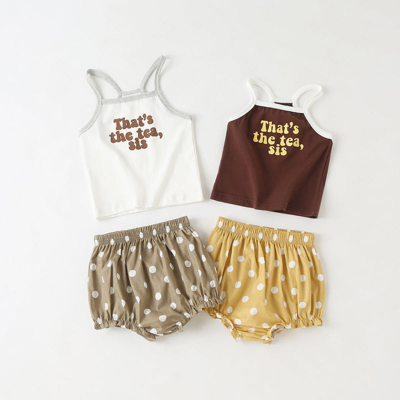 Baby Girl Slogan Pattern Sling Tops Combo Polka Dot Graphic Triangle Shorts 1 Pieces Sets