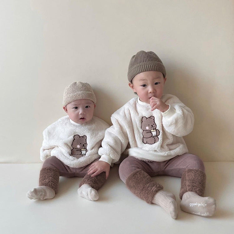 Baby Bear Embroidered Pattern Plush Hoodies Combo Pants  Pieces Sets