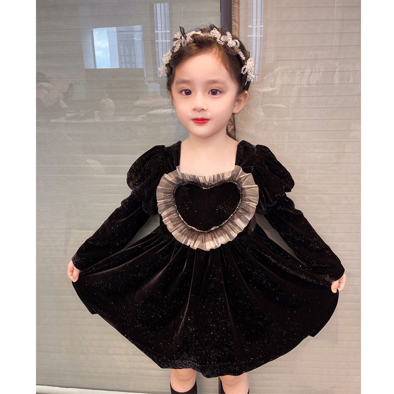 Baby Girls Heart Shape Ruffle Square Neck Long Sleeved Black Princess Dress