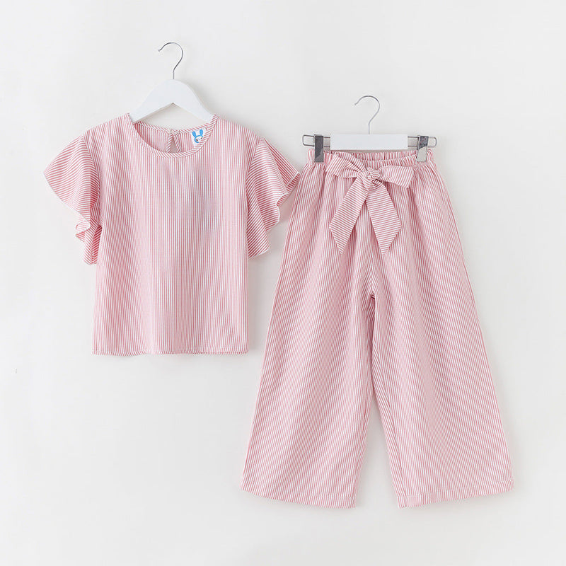 Girl Striped Pattern Tops Combo Bow Belt Pants Summer 1-Pieces Sets