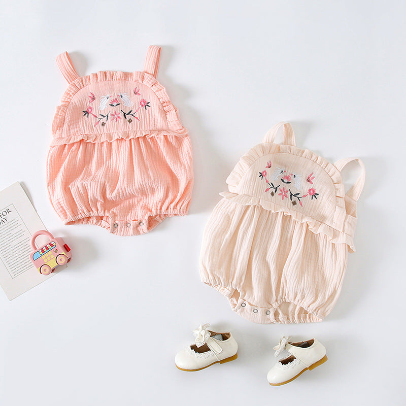 Baby Girl Floral Embroidered Pattern Lace Design Solid Color Sleeveless Onesies In Summer