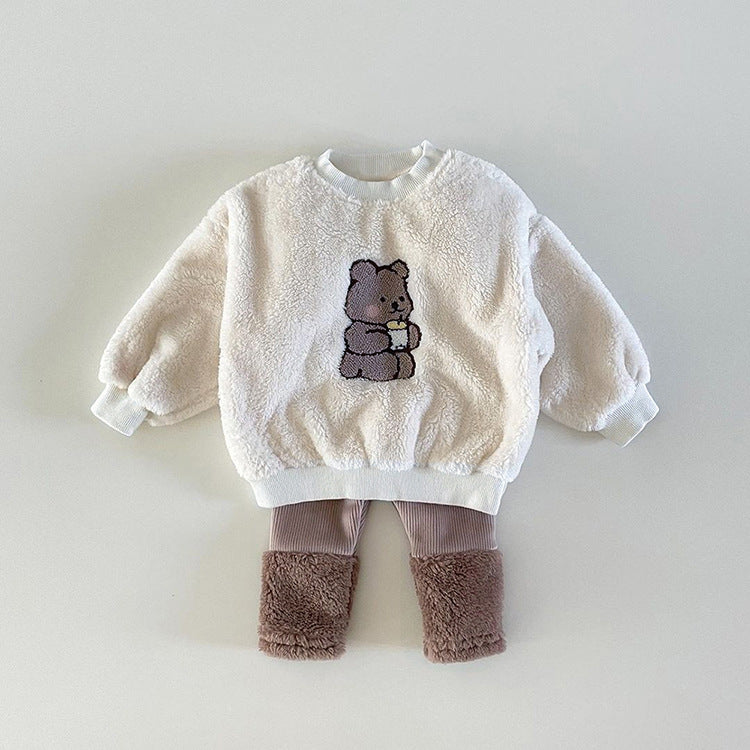 Baby Bear Embroidered Pattern Plush Hoodies Combo Pants  Pieces Sets