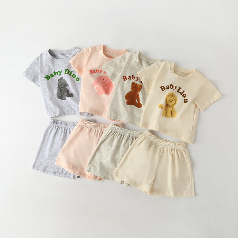 Baby Cartoon Animal & Slogan Pattern Short Sleeved Tee Combo Solid Shorts Sets