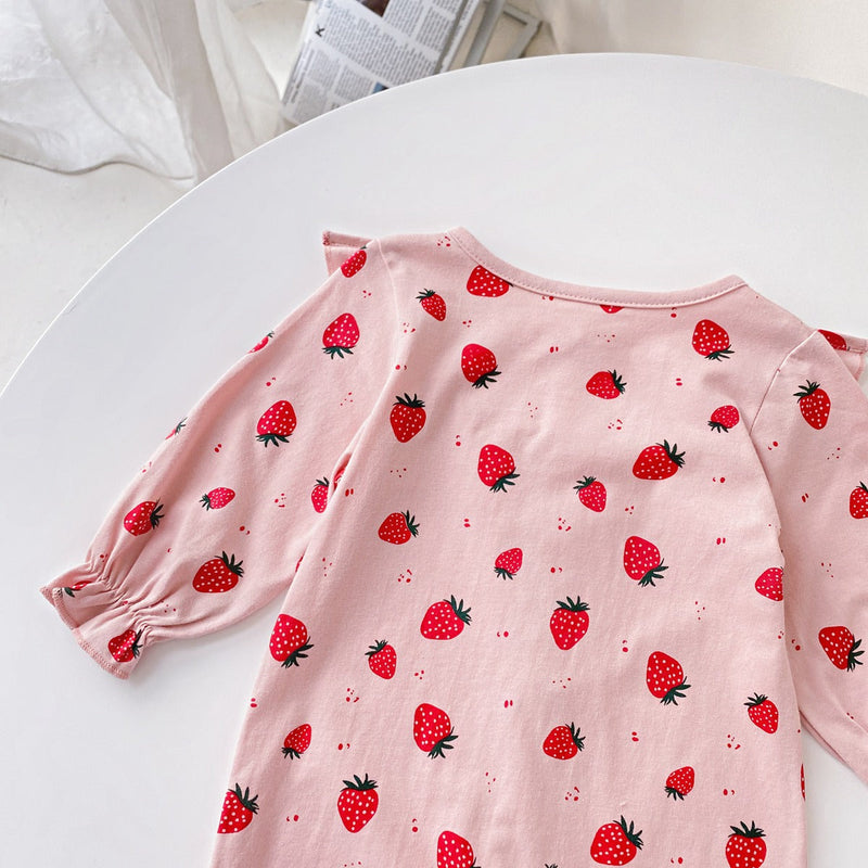 Baby Girl Allover Strawberries Pattern Ruffle Design Button Front Romper