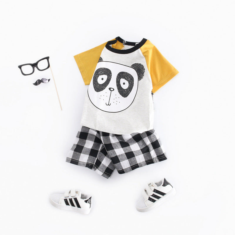 Baby Boys Bear Print Pattern Clashing Short-Sleeved Top Combo Plaid Shorts Sets