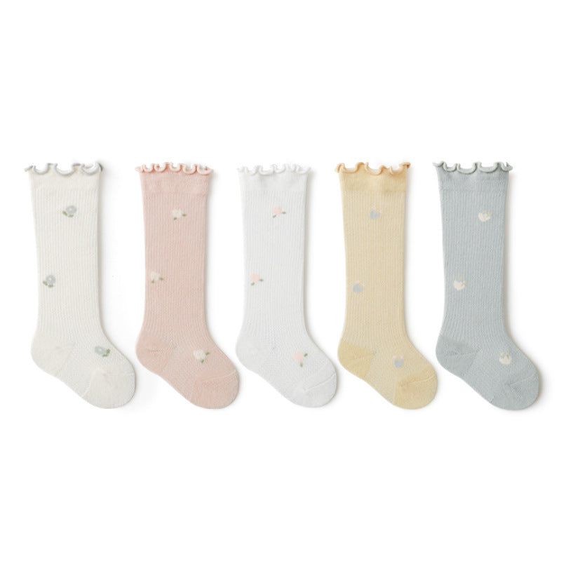 Baby Girl Solid Color Floral Embroidered Pattern Breathable Knee Socks