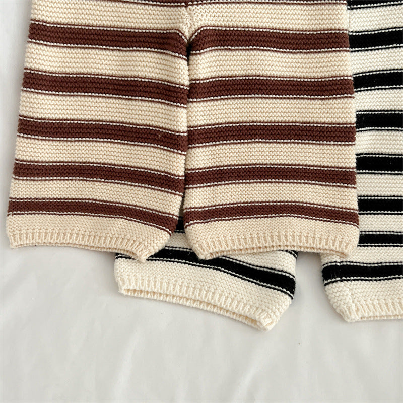 Baby Striped Pattern Lapel Knitted Cardigan With Pants Sets