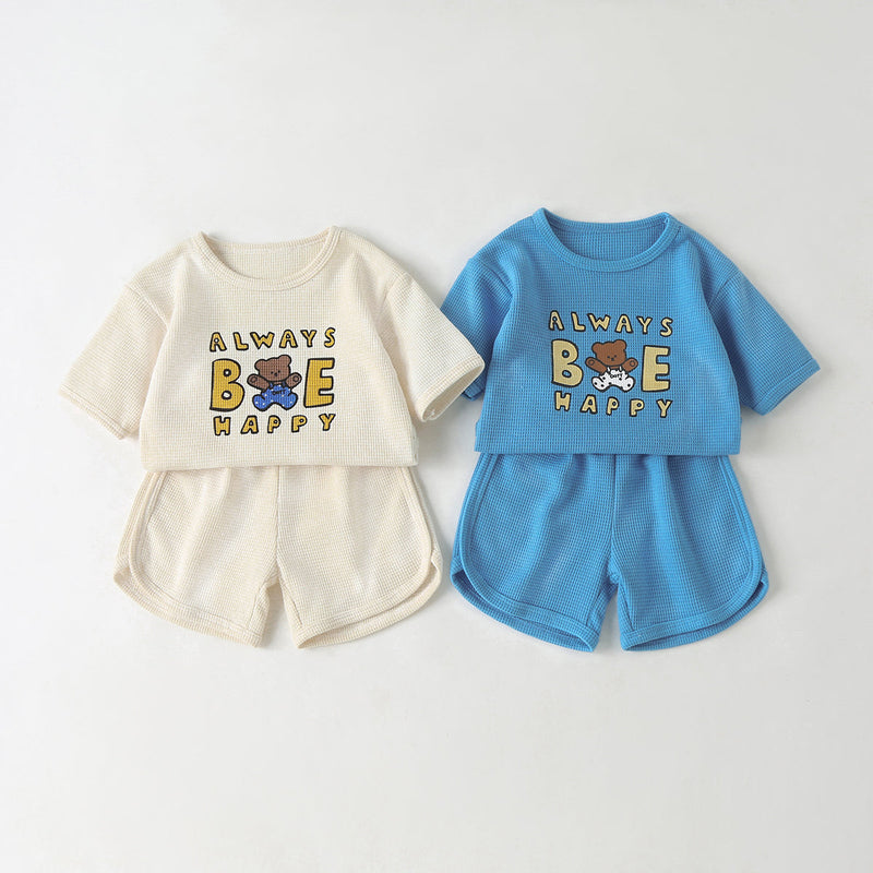 Baby Cartoon Bear & Slogan Pattern Waffle Fabric Tops Combo Solid Shorts 1-Piece Sets