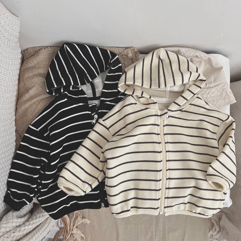 Baby Striped Pattern Single Breasted Design Long Sleeve Coat With Hat