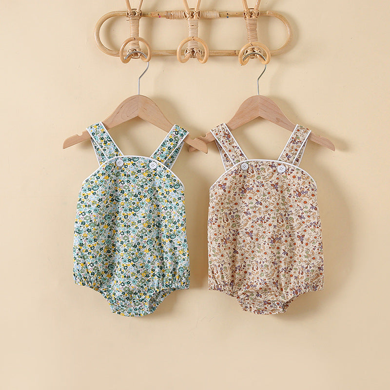 Baby Girl Floral Print Pattern Solid Color Sleeveless Onesies In Summer Outfit Wearing