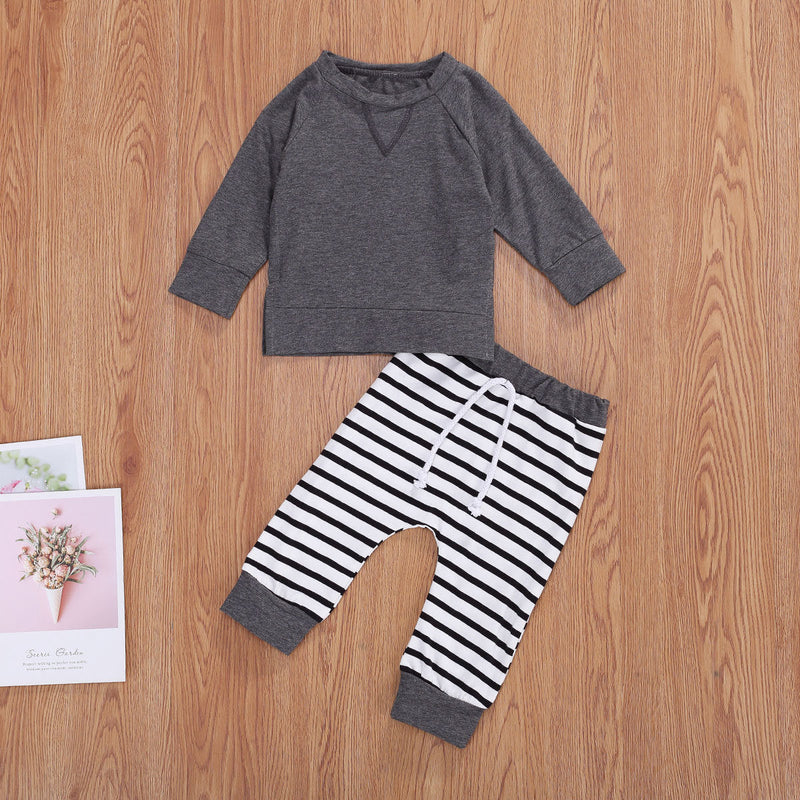 Baby Boy 1pcs Solid Color Hoodie Combo Striped Pattern Trousers Sets