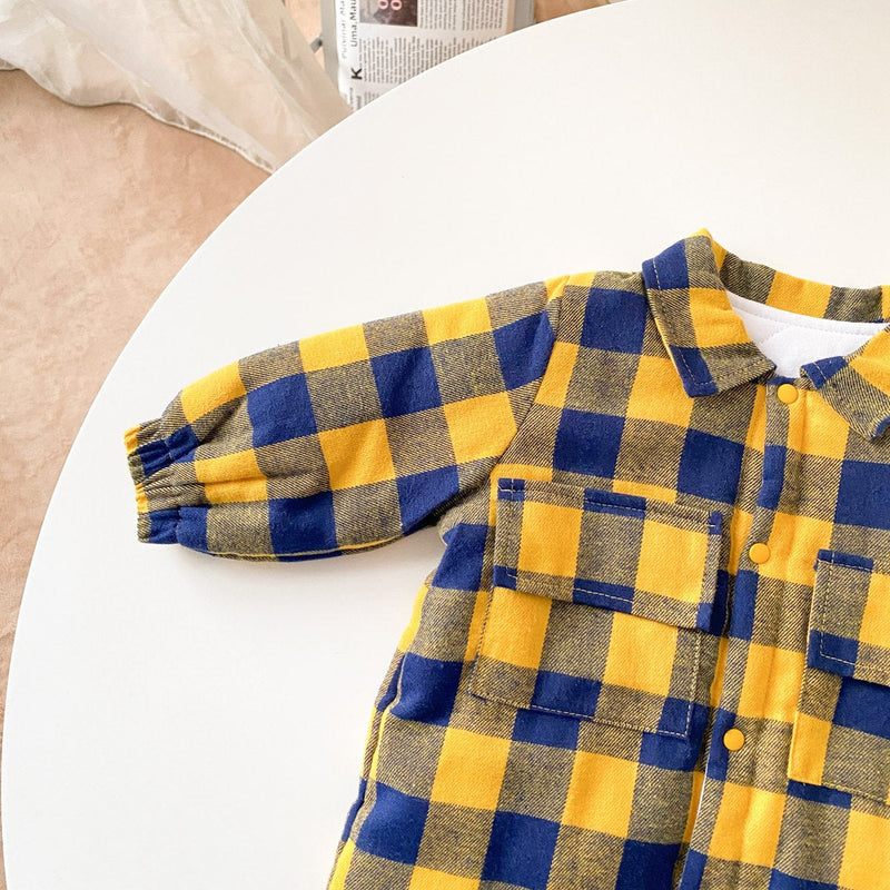 Baby Boy Plaid Pattern Snap Button Front Long-sleeved Thick Rompers