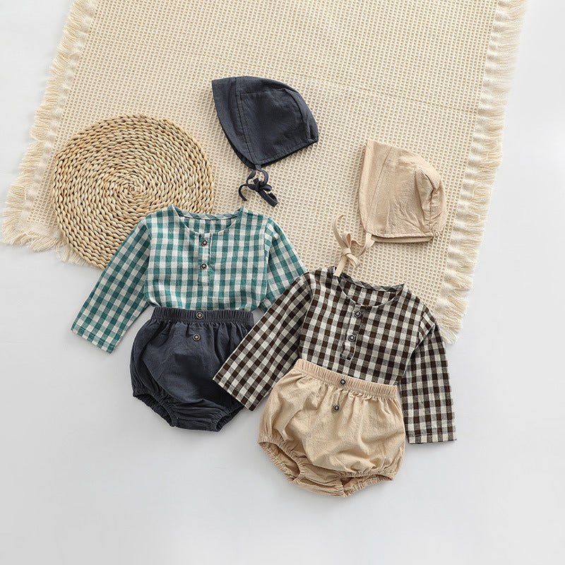 Baby Plaid Graphic Tops And Solid Shorts With Hat 1Pieces Sets