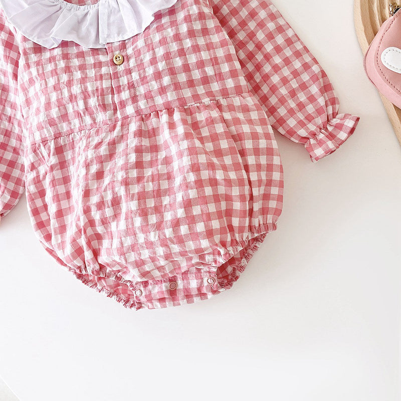 Baby Girl Plaid Pattern Ruffle Neck Design Triangle Sweet Onesies