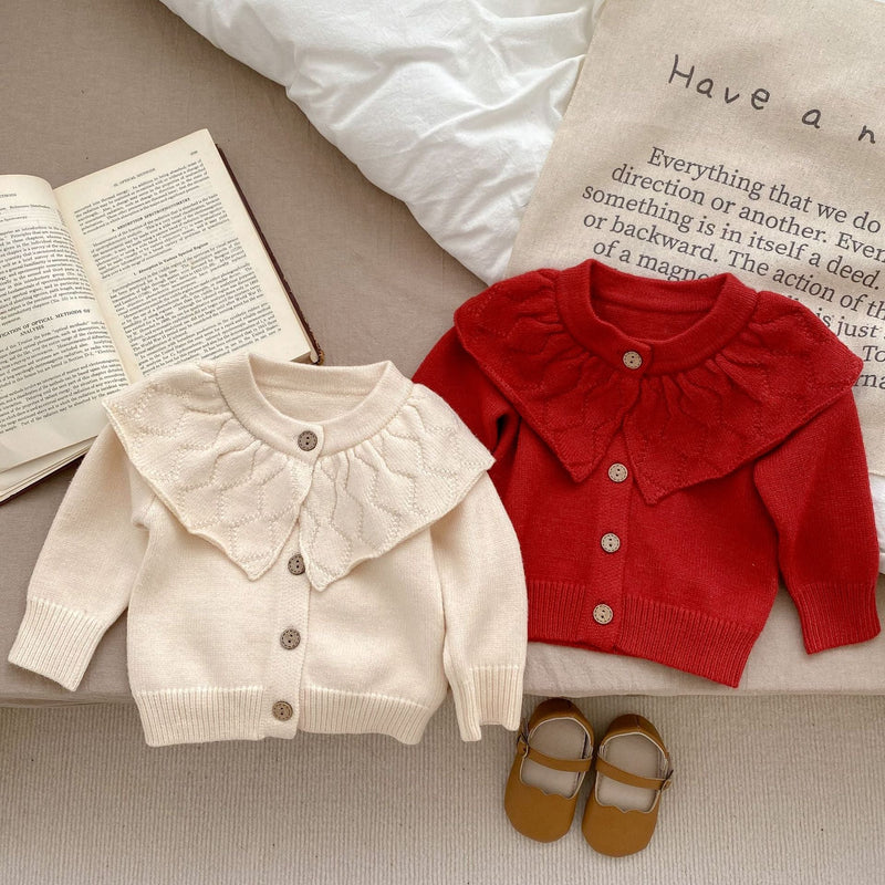 Baby Girl Solid Color Lapel Design Knit Cardigan