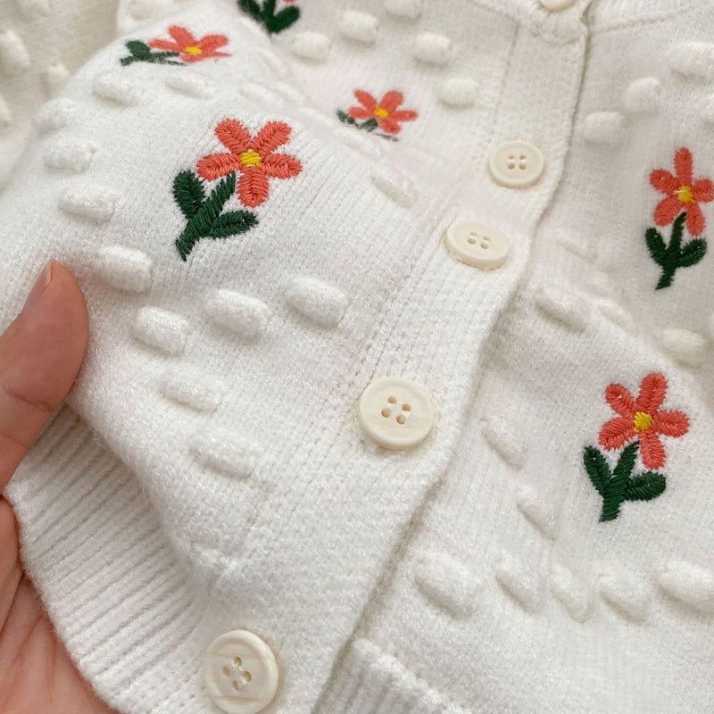 Baby Girl Flower Embroidered Pattern Thickened Knit Single Breasted Design Cardigan