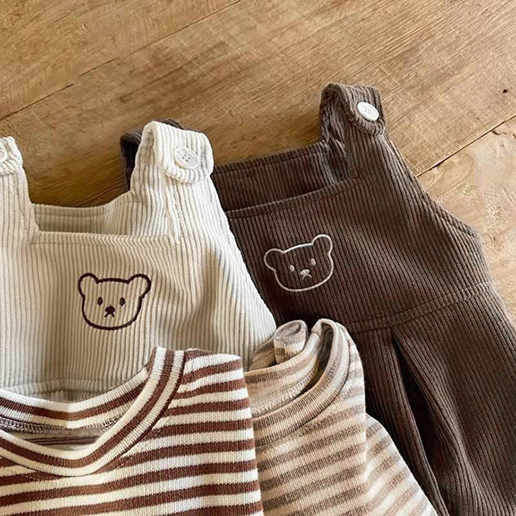 Baby Striped Shirt Combo Corduroy Fabric Cartoon Bear Embroidered Vest Bodysuit 2 Pieces Sets