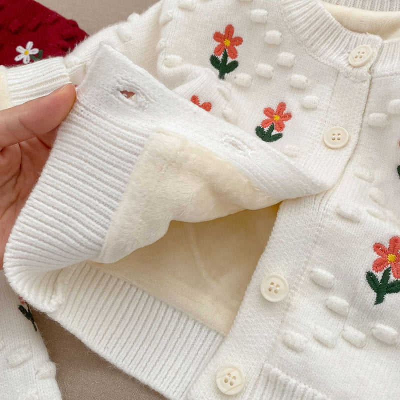 Baby Girl Flower Embroidered Pattern Thickened Knit Single Breasted Design Cardigan