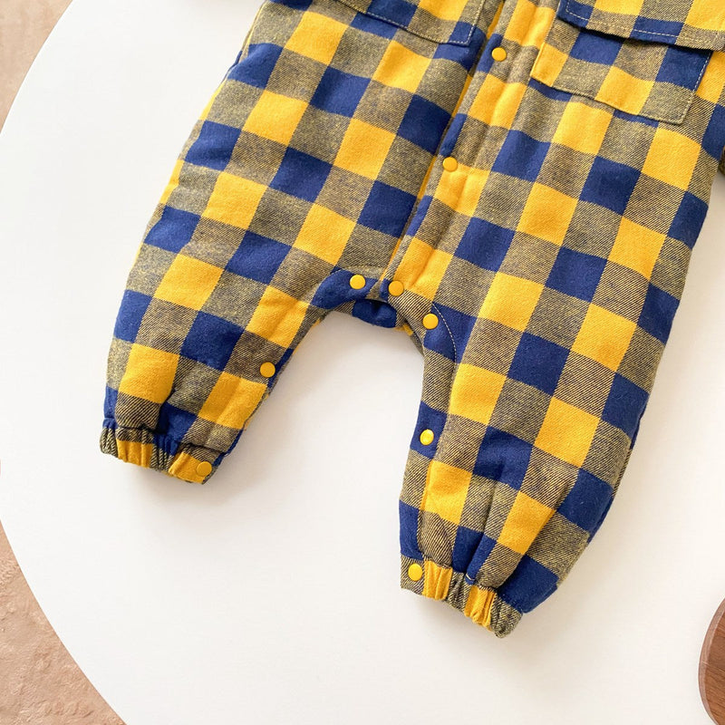 Baby Boy Plaid Pattern Snap Button Front Long-sleeved Thick Rompers