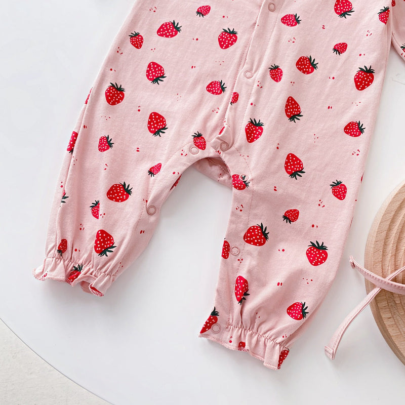 Baby Girl Allover Strawberries Pattern Ruffle Design Button Front Romper