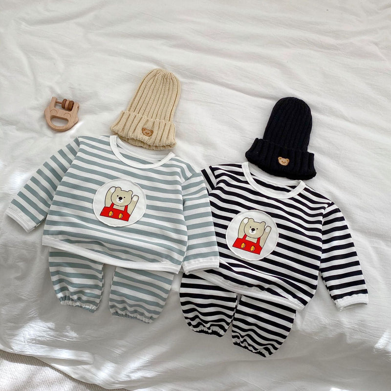 Baby Striped Pattern Cartoon Design Hoodies 2 Pieces Sets