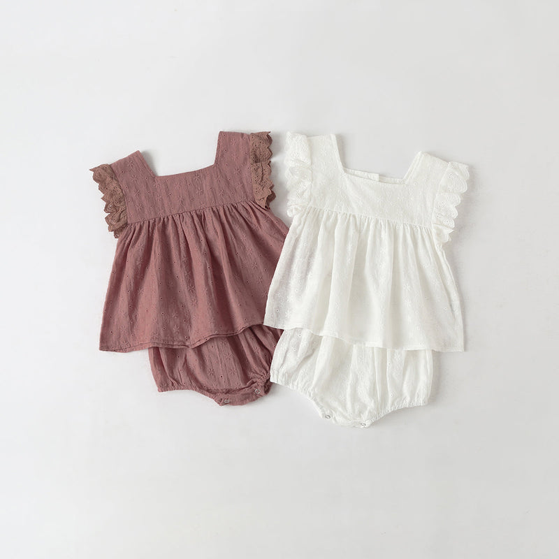 Baby Girl Solid Color Ruffle Design Square Neck Tops Combo Triangle Shorts 1 Pieces Sets