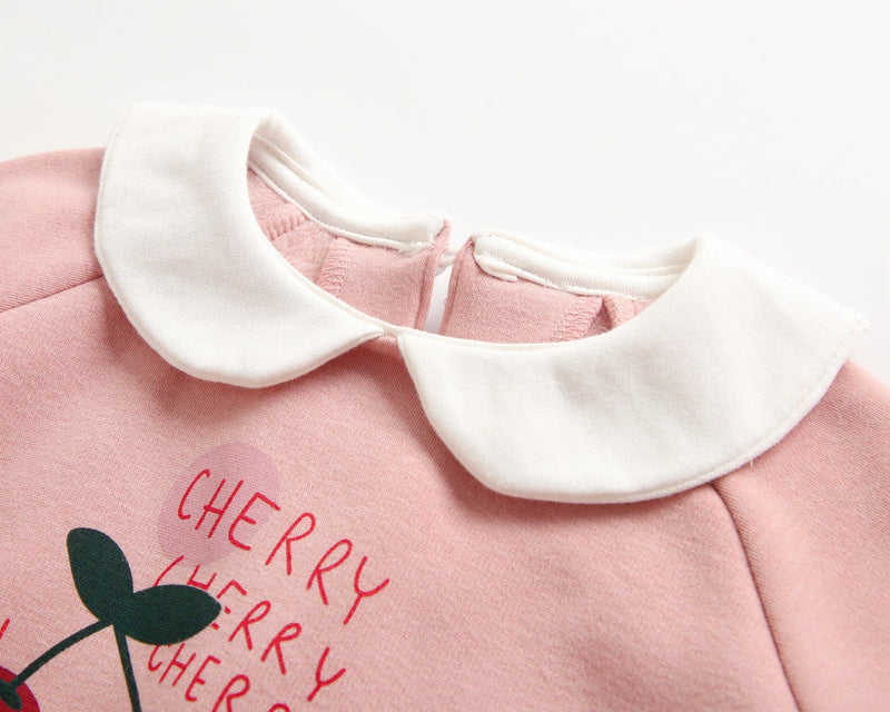 Baby Girl 1pcs Cherry & Slogan Pattern Doll Neck Longsleeve Onesies