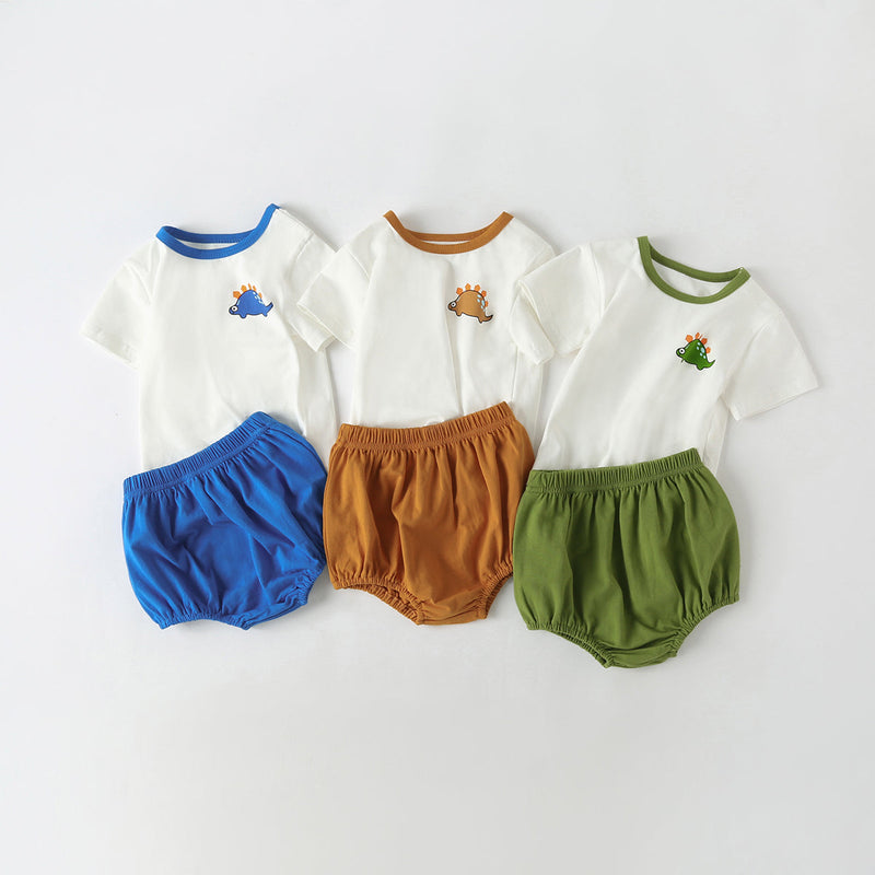 Baby Cartoon Dinosaur Pattern Contrast Neck Tee Combo Solid Shorts Sets