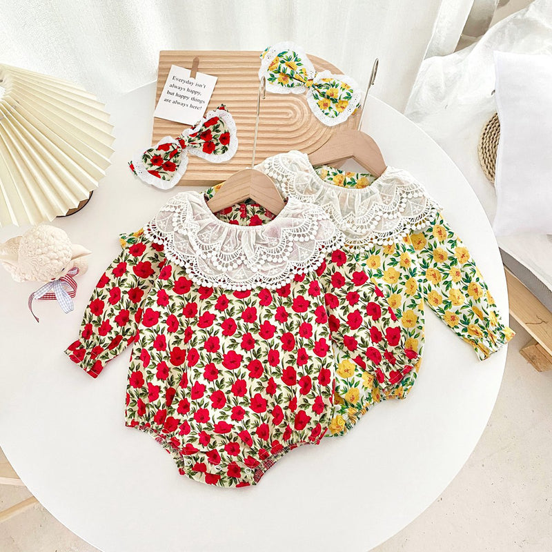 Baby Girl Flower Pattern Labeled Collar Design Long Sleeve Bodysuit