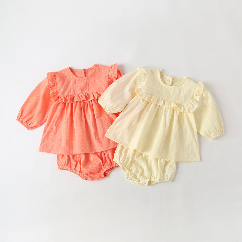 Baby Girl Solid Color Frill Trim Design Long-Sleeve Tops Combo Triangle Shorts Sets