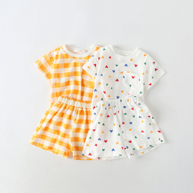 Baby 1pcs Plaid & Heart Pattern Tee Combo Shorts Simply Style Sets