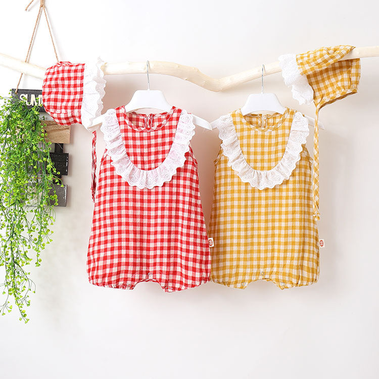 Baby Girl Grid Pattern Ruffles Collar Sleeveless Romper