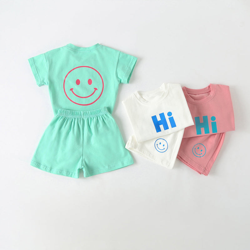 Baby Smiley & Slogan Print Tops Combo Shorts Korean Style Sets