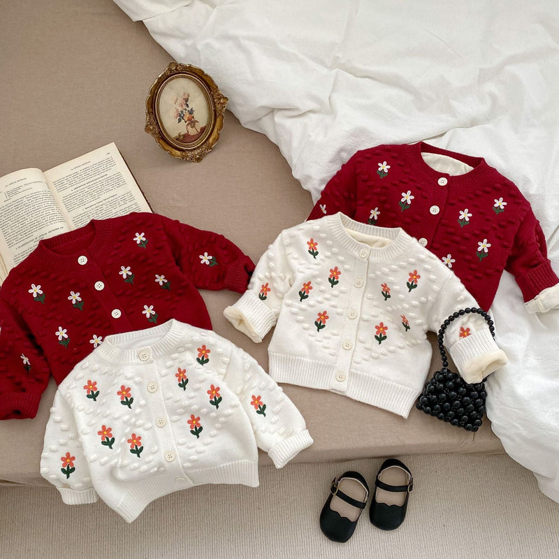 Baby Girl Flower Embroidered Pattern Thickened Knit Single Breasted Design Cardigan