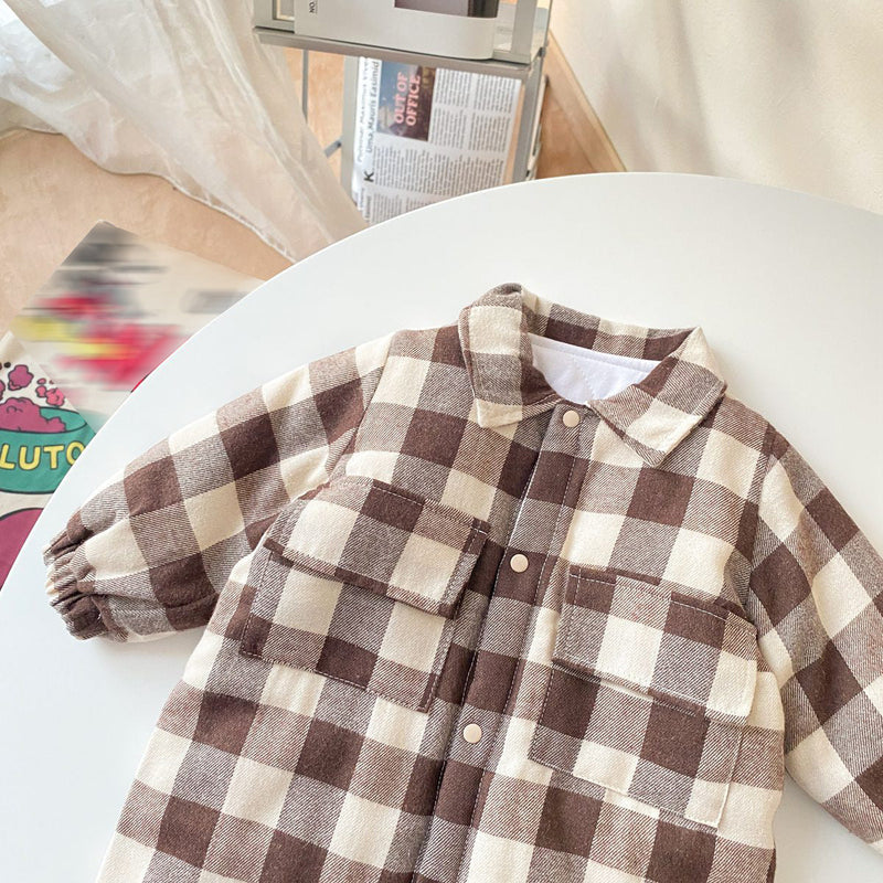 Baby Boy Plaid Pattern Snap Button Front Long-sleeved Thick Rompers