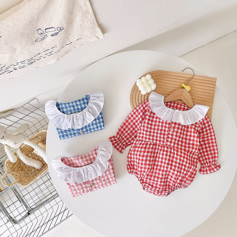 Baby Girl Plaid Pattern Ruffle Neck Design Triangle Sweet Onesies