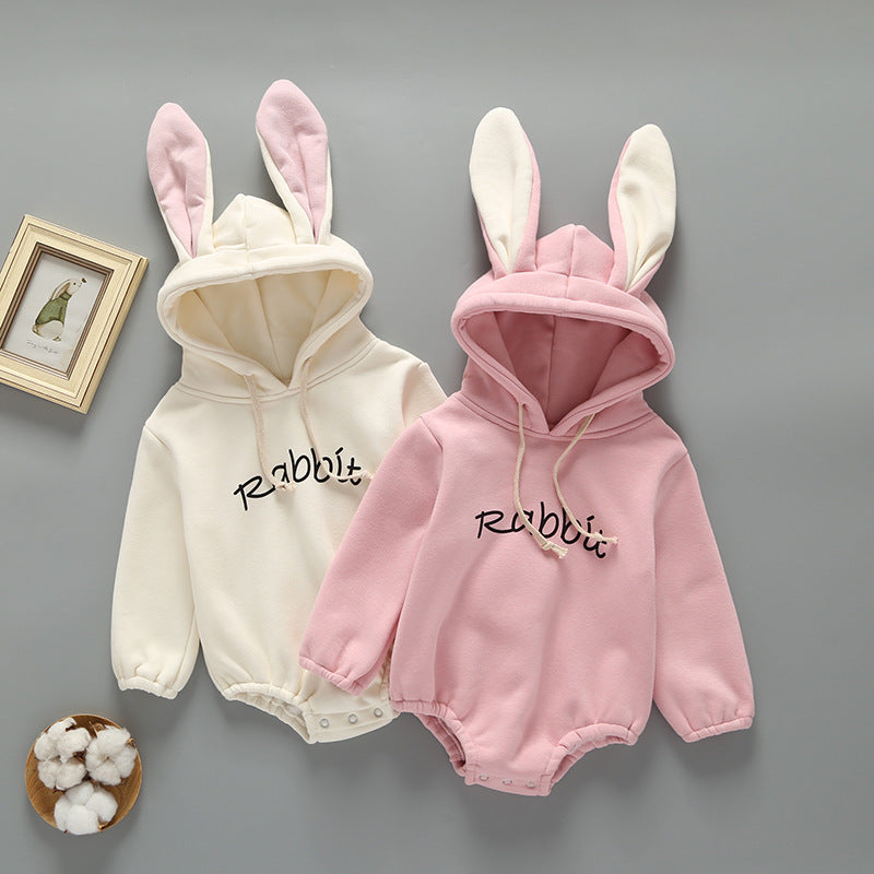 Baby Girl Print Pattern Rabbit Ear Design Long Sleeved Thickened Onesies